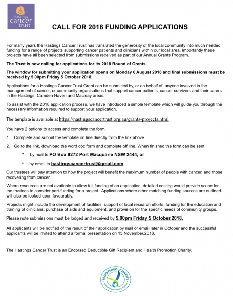Hastings Cancer Trust Grant Applications open 6th August 2018