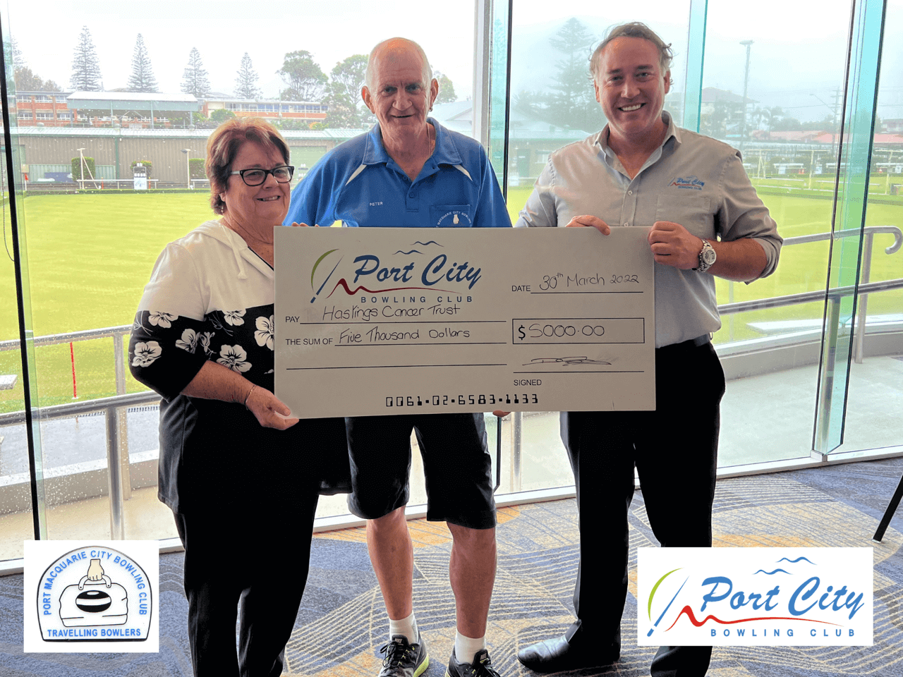 David Gearing, CEO of Port City Bowling Club & Peter Wholohan of Port City Travelling Bowlers presenting the cheque for the proceeds of the recent Barefoot Bowls Fundraising event. A fantastic $5,500 was raised. image