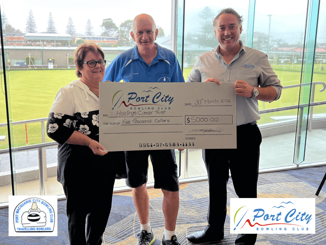 David Gearing, CEO of Port City Bowling Club &amp; Peter Wholohan of Port City Travelling Bowlers presenting the cheque for the proceeds of the recent Barefoot Bowls Fundraising event. A fantastic $5,500 was raised.